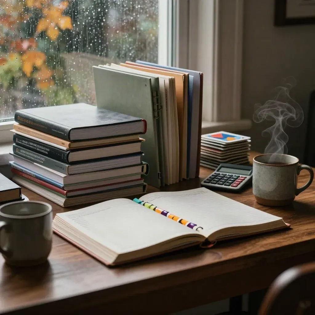 Rain-lit study guides, planners, folders, flashcards, calculator and steaming mug on a walnut desk.