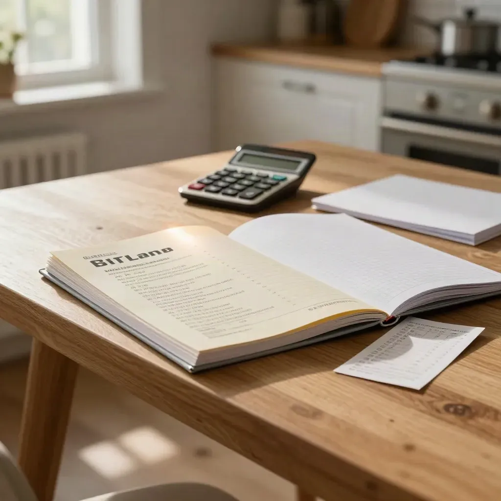 Late-afternoon kitchen table with GCSE maths revision pack, calculator, grid notebook and answer slips.