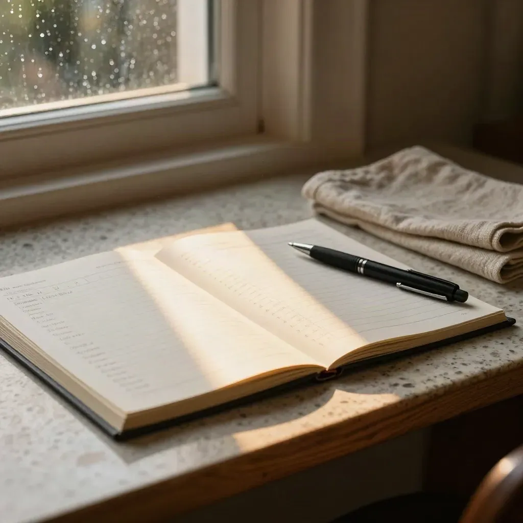 Study materials for English revision arranged on a travertine desk by a rain-streaked window.
