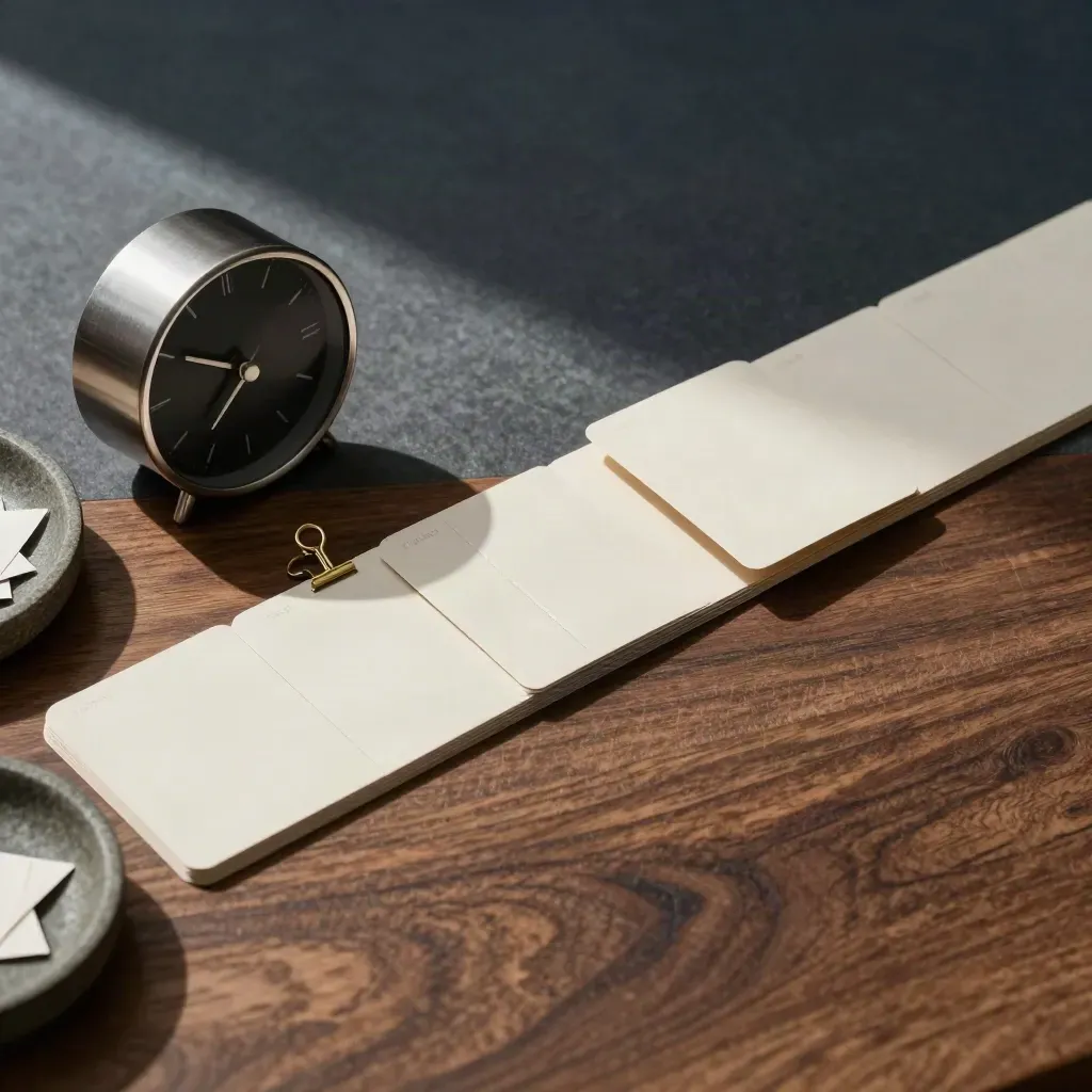 Timeline cards, clock and brass clip arranged in a dramatic editorial flatlay.