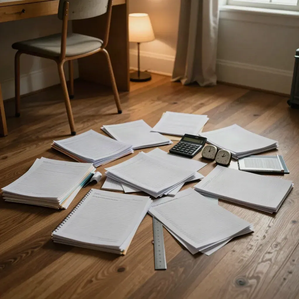Study kit with timers, notes, calculator, and chair on a bedroom floor at night