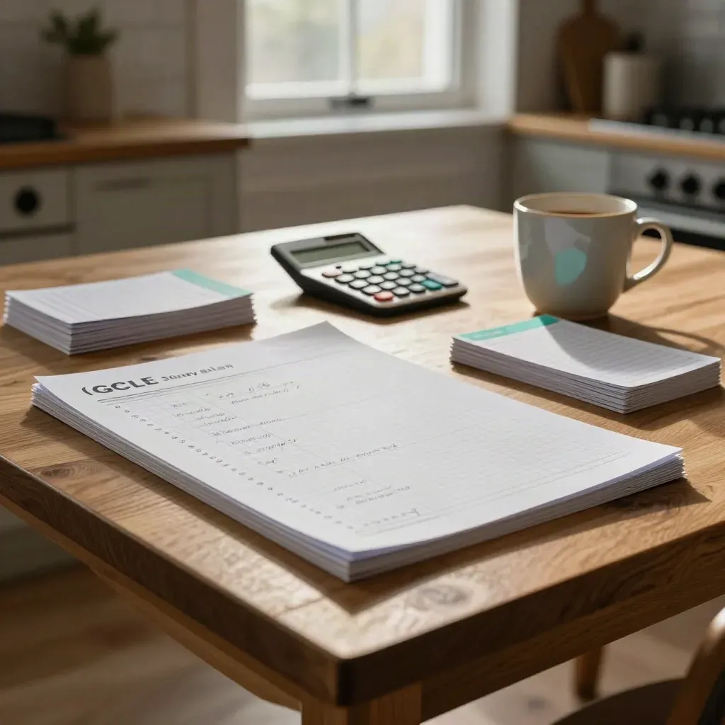 Calculator and maths study sheets on a kitchen island beside a mug in soft morning light.