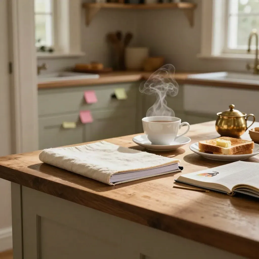 Steam beside a homework-help kit, tea cup and child’s exercise book in a warm kitchen corner.